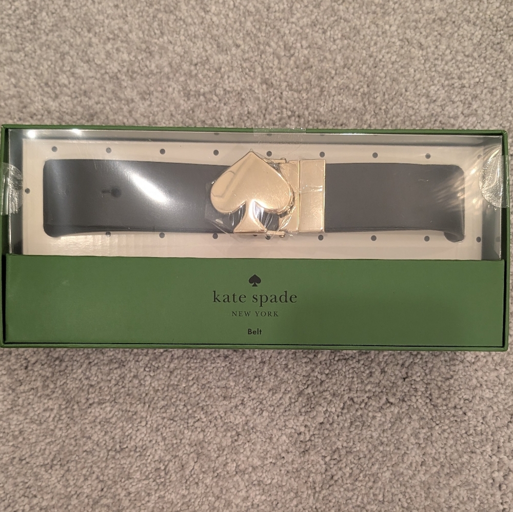 NIB Kate Spade Black Belt With Gold Spade Logo - Size S/M